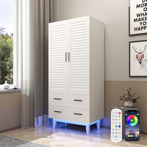 3 Door Armoire Wardrobe Closet Cabinet with Drawers and LED Lights, Multi-Tier Shelves, Hanging Rod & 3 Louver Doors, Large Capacity Storage Wardrobe Armoire for Bedroom, White