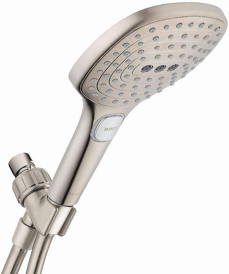 hansgrohe Raindance Select E Easy Install 5-inch Handheld Shower Head Set Modern 3 Spray Rain, RainAir, Whirl Air Infusion with Airpower with QuickClean with Hose in Brushed Nickel, 2.5 GPM, 04541820