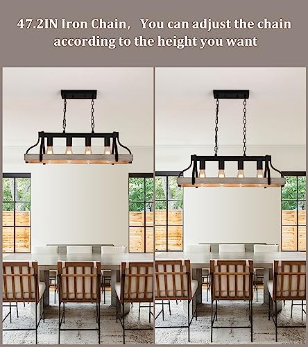 Rustic Kitchen Island Dining Room Light Fixture Farmhouse Linear Chandelier Black and Retro Wood Finish 4-Light Industrial Metal Hanging Pendant Light UL Listed L28.3 W10.6