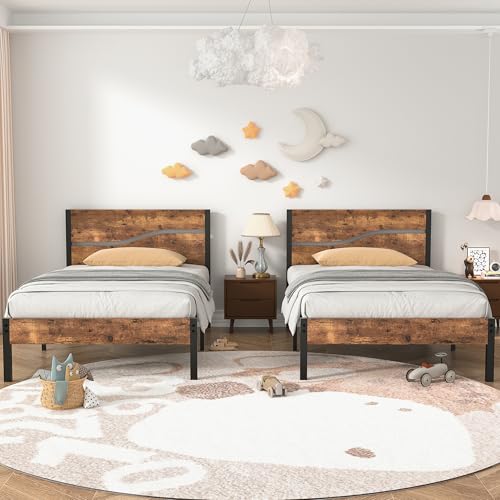 VECELO 2 Set Twin Bed Frame with Wood Storage Headboard & Footboard, Heavy Duty Metal Platform, Large Under Bed Storage, Noise-Free, No Box Spring Needed, Easy Assembly, Rustic Brown