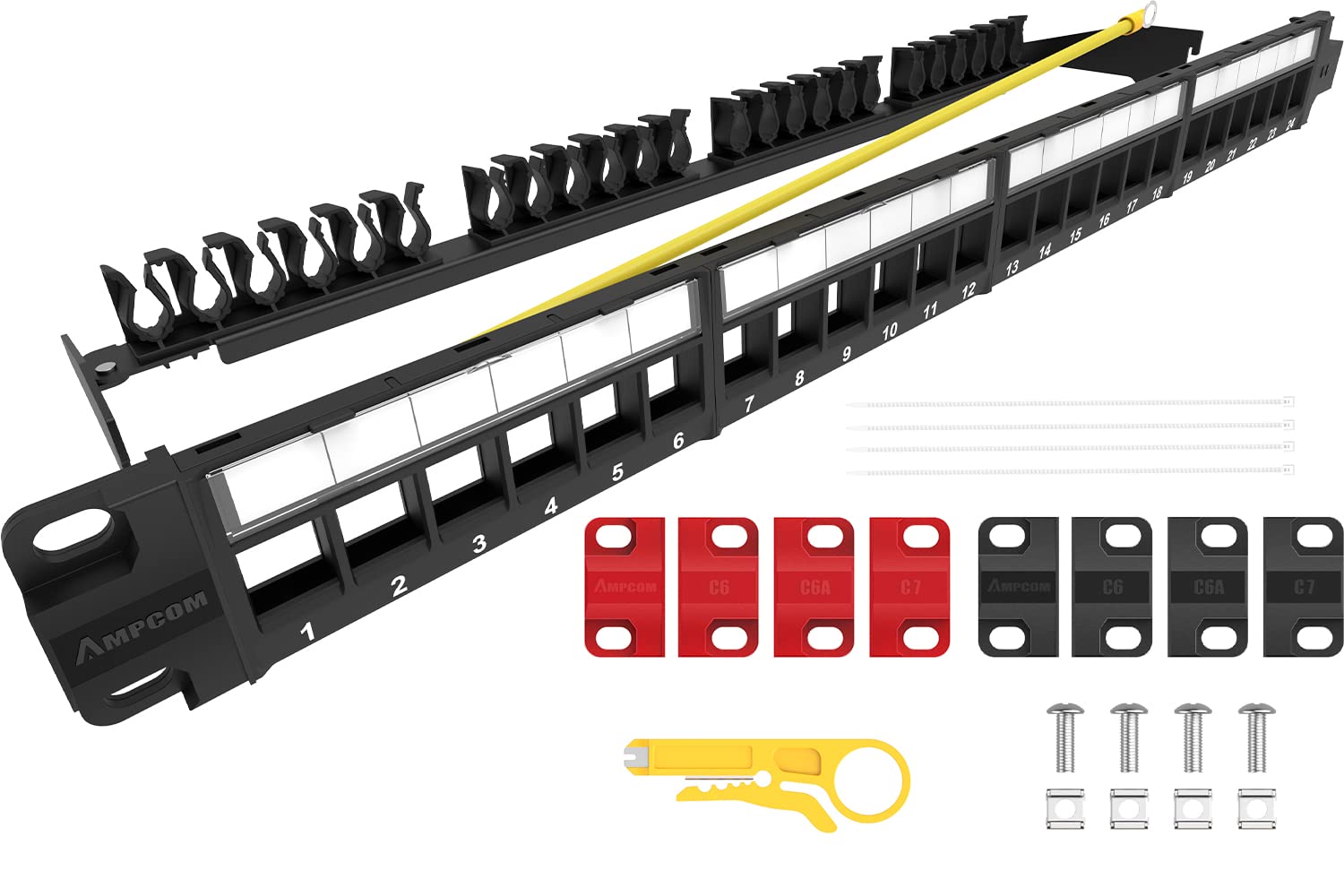 AMPCOM 24 Ports 1U Blank Keystone Patch Panel, 19 inch Rack or Wall Mount with Rear Cable Management Panel for Ethernet CAT5e/CAT6/CAT7, USB, HDMI