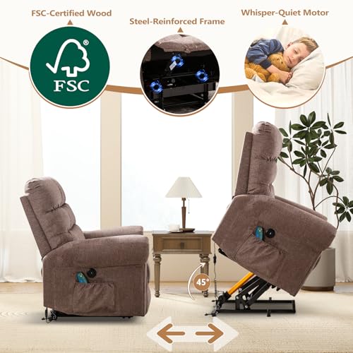 ANJ Large Power Lift Recliner Chair with Massage and Heat for Elderly Big People, Electric Wide Recliners, Heavy Duty and Safety Motion Fabric Reclining Mechanism with USB Ports, Side Pocket, Camel