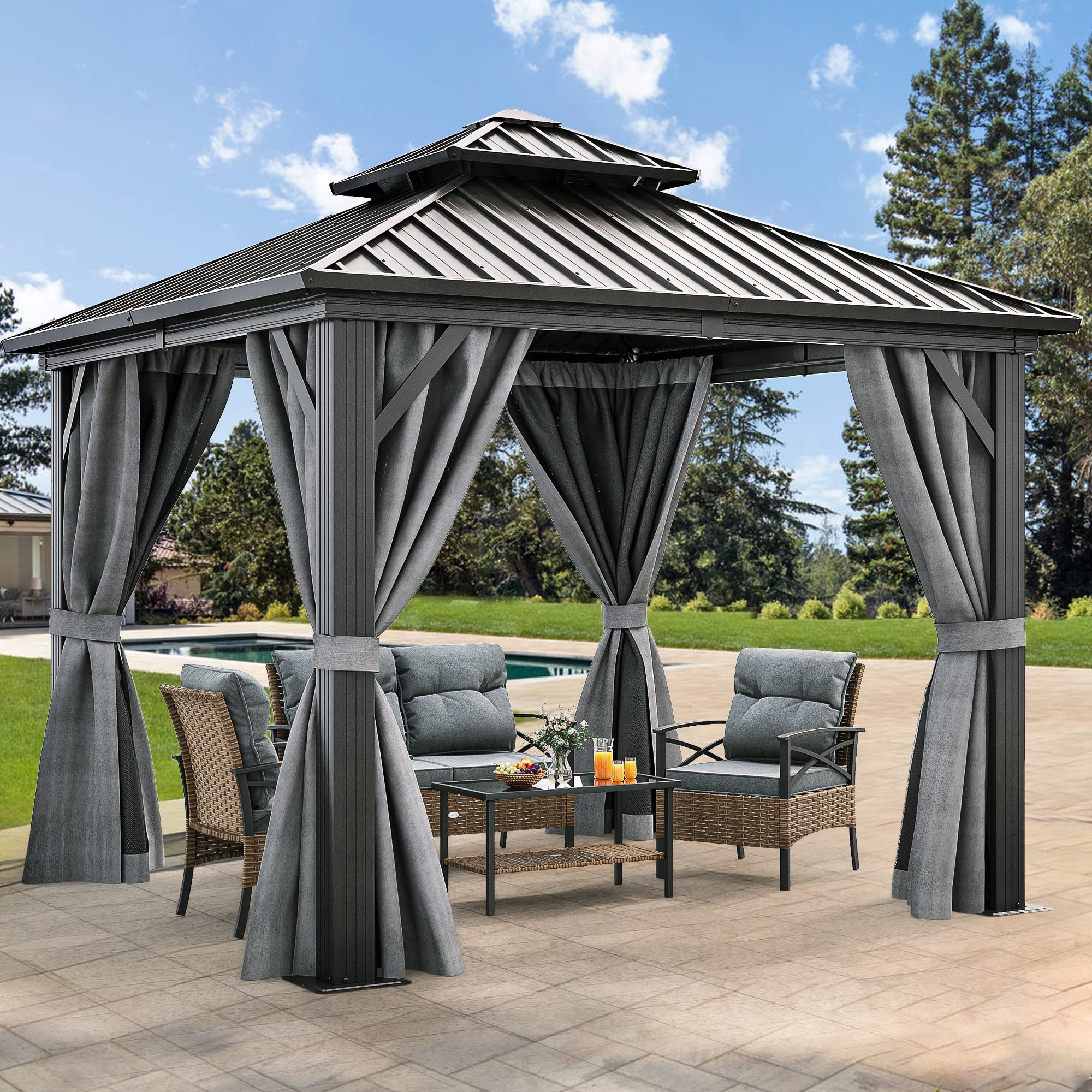 Dextrus 10x10ft Double Roofed Hardtop Gazebo, Metal Outdoor Pavilion with Nettings and Curtains for Patio, Backyard, Deck, and Lawns - Black