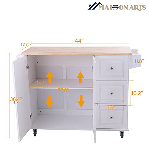 MAISON ARTS Storage Kitchen Island with Drop Leaf on Wheels Rolling Kitchen Cart with 2 Doors & 3 Drawers Rubber Wood Countertop, Grey