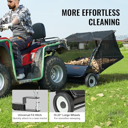 VEVOR Tow Behind Lawn Sweeper 44 Inch, 25 cu. ft Large Capacity Heavy Duty Leaf & Grass Collector with Adjustable Sweeping Height, Dumping Rope Design for Picking Up Debris and Grass
