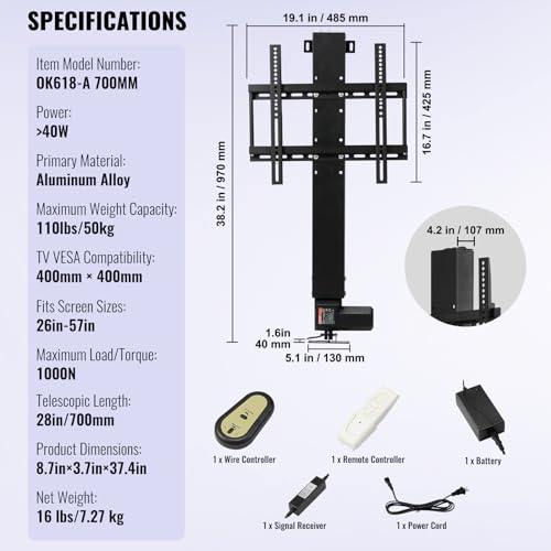 VEVOR Motorized TV Lift Stand, Fits 26""-57"" TVs | Adjustable Height (38"" to 66"") | Remote Control, Space-Saving TV Mount