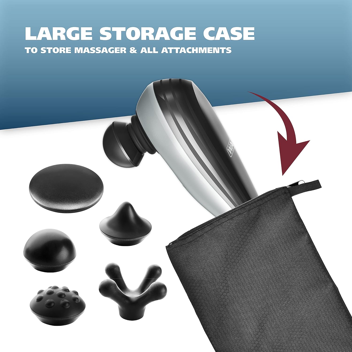 Wahl Deluxe Deep Tissue Percussion Therapeutic Handheld Massager - Variable Intensity to Relieve Pain with 5 Unique Attachment Heads and Zippered Storage Case - Model 4290-2201