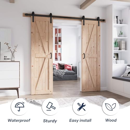 FREDBECK 48in x 80in Sliding Wood Barn Door with 8FT Barn Door Hardware Kit Included K Shape Solid Spruce Panel Sliding Door Double Surfaces Need to Assembly