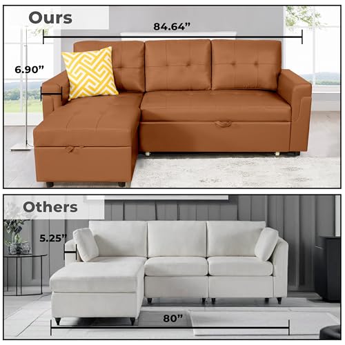 Naomi Home Jenny Sectional Sofa Sleeper with Storage Chaise, Tufted Pull Out Couch with Storage, L-Shaped Reversible Sleeper Sofa with Storage, Black,Air Leather