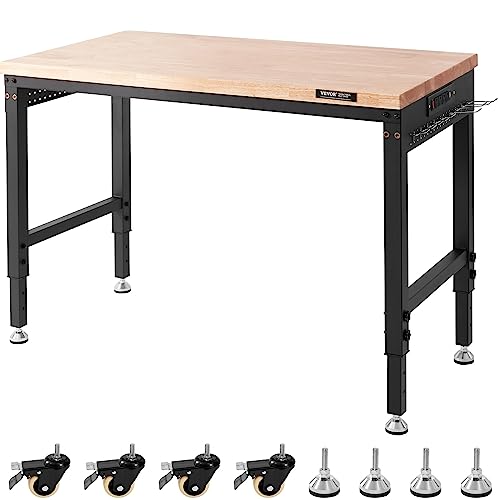 VEVOR 60" Adjustable Workbench, Heavay Duty Workstation 2000 LBS Load Capacity, with Power Outlets & Rubber Wood Top & Metal Frame & Foot Pads, for Workshop Office Home Garage