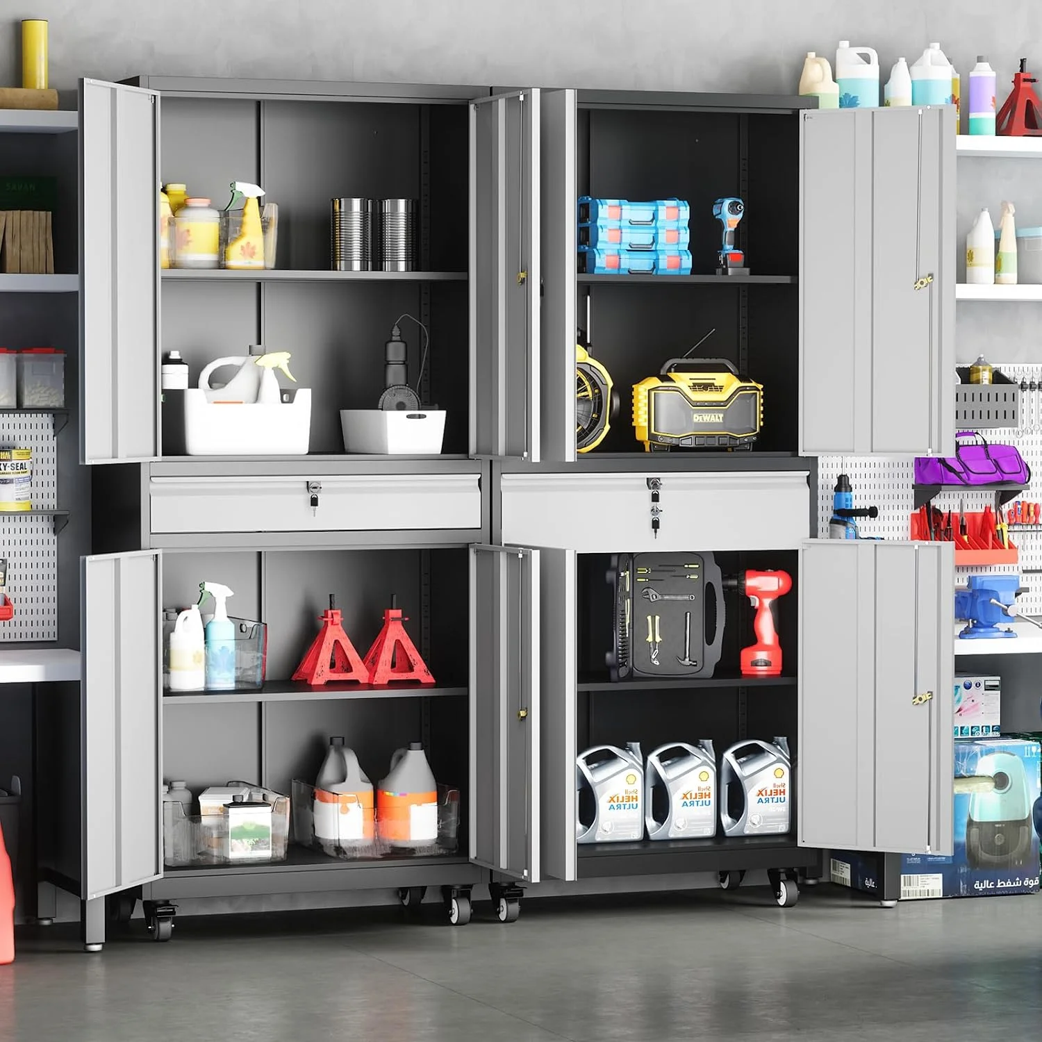 Metal Storage Locking Cabinet with 4 Doors and 2 Adjustable Shelves,71" Lockable Garage Tall Steel Cabinet,for Home Office,Living Room,Pantry,Gym,Commercial Storage (Black)