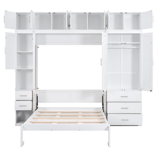 Harper & Bright Designs Full Size Murphy Bed Wall Bed with Lockers and Wardrobes, Wooden Folding Murphy Cube Cabinet Bed for Bedroom, Guest Room or Home Office, Easy Assembly (White, Full)
