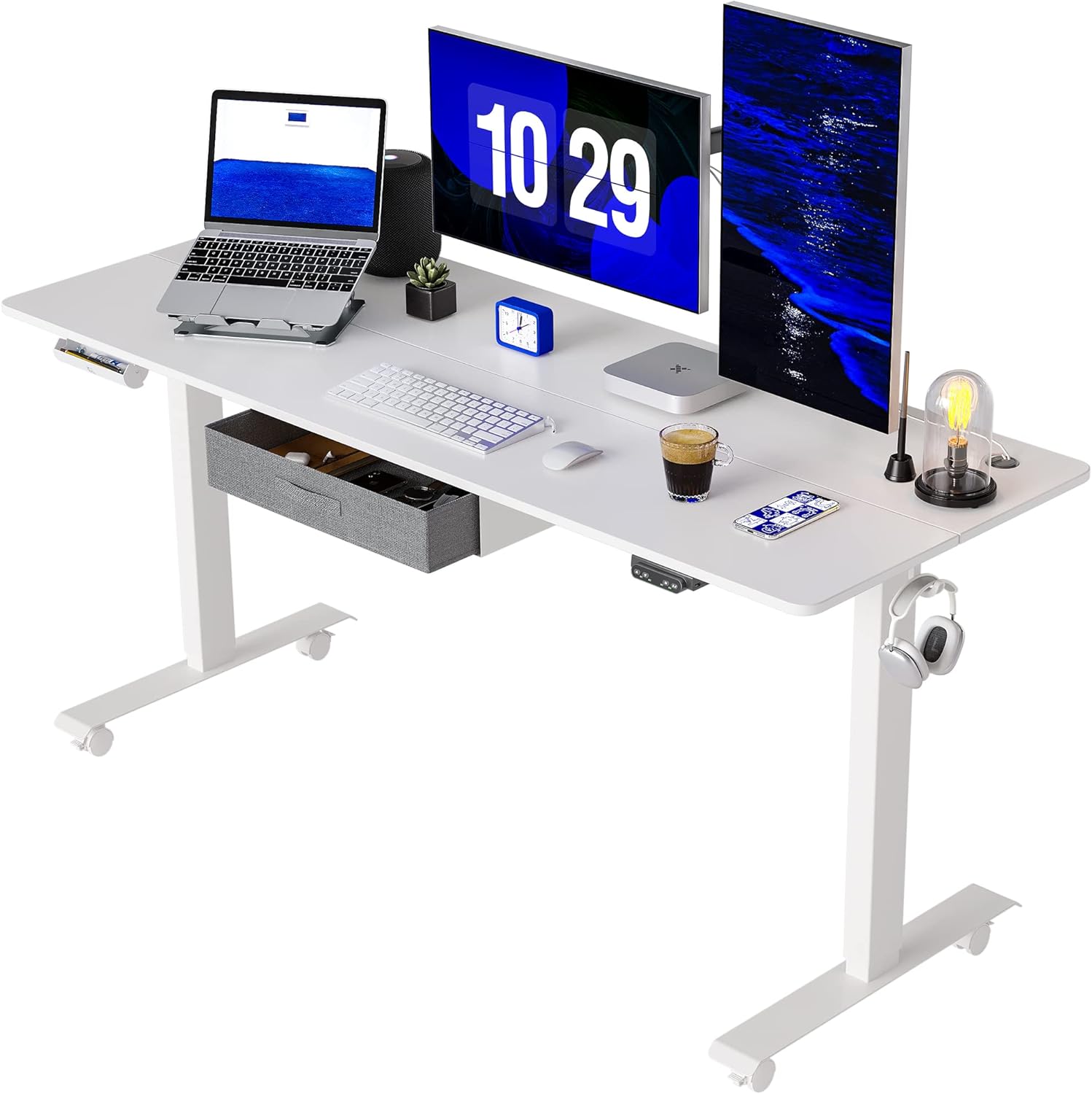 FEZIBO Standing Desk with Drawer, Adjustable Height Electric Stand up Desk, 55 x 24 Inches Sit Stand Home Office Desk, Ergonomic Workstation Black Steel Frame/Rustic Brown Tabletop