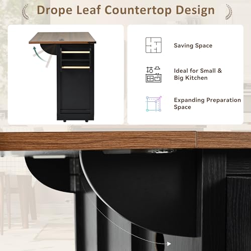 54.5" Farmhouse Kitchen Island with Drop Leaf,Storage Cabinet Island on Wheel,Rolling Home Cart Breakfast Bar Table with Power Outlet, 3 Drawer, Spice Rack