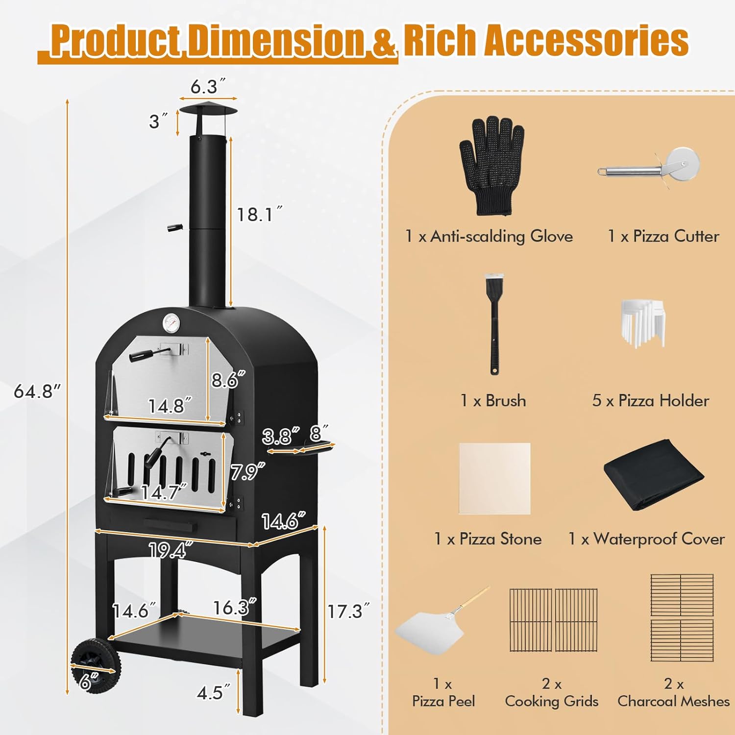 ORALNER Outdoor Pizza Oven, Wood Fired Pizza Oven Cooker with 12" Pizza Stone, Pizza Peel, Waterproof Cover, Portable Grill Pizza Maker on Wheels for Outside Backyard, Camping