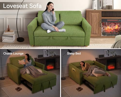 49" 2-Seater Loveseat Futon Sofa, 3-in-1 Convertible Sofa Bed, Linen Fabric Sleeper Couch Pull Out Bed with Spring Support,Adjustable Backrest, 2 Pillows for Living Room