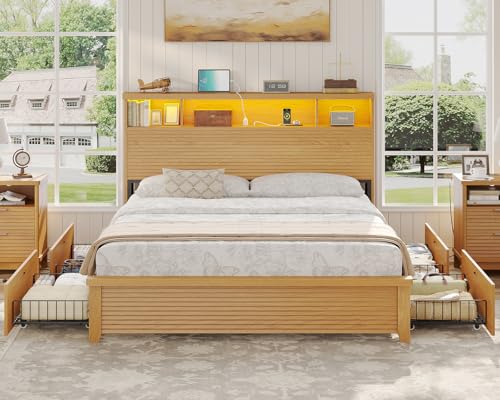 VIAGDO Wood Bed Frame Full Size with 4 Storage Drawers and Charging Station, Fluted Led Full Bed Frame with 2 Tier Storage Headboard, No Box Spring Needed,Wood