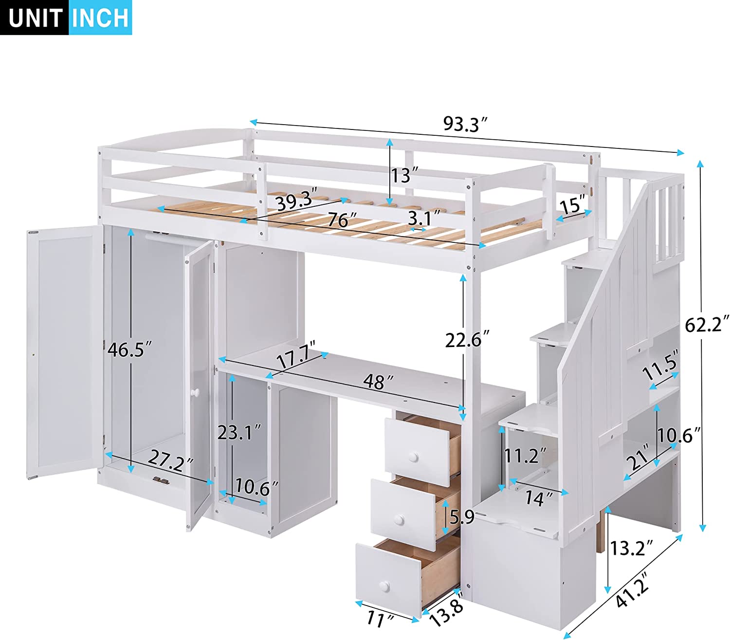 Loft Bed With Stairs And Wardrobe, Solid Wood Loft Bed Frame With Desk And Storage Drawers, Cabinet, For Kids Teens Adults ( Size, White)