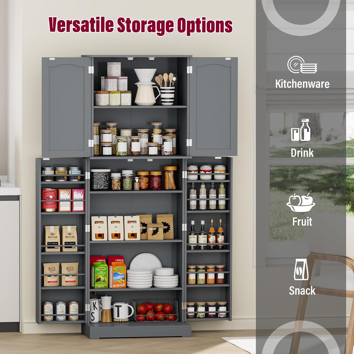 HOME BI 64" Kitchen Pantry Cabinet, Tall Freestanding Pantry Storage Cabinet, Food Pantry Cabinets with Doors and Shelves for Home Kitchen, Dining Room, Living Room, Gray.