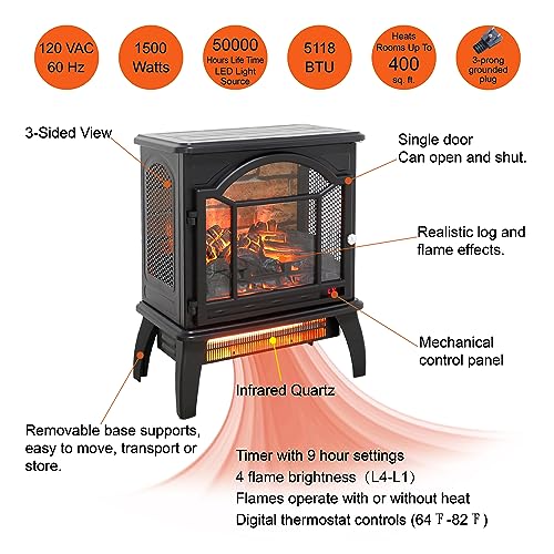 1500W Electric Fireplace,18” Infrared Freestanding 11 Temperature Mode Stove Heater for Indoor Use W/ 3D Realistic Flame,Firewood,Furnace Block Effect Background & Remote,Overheat Safety Protection