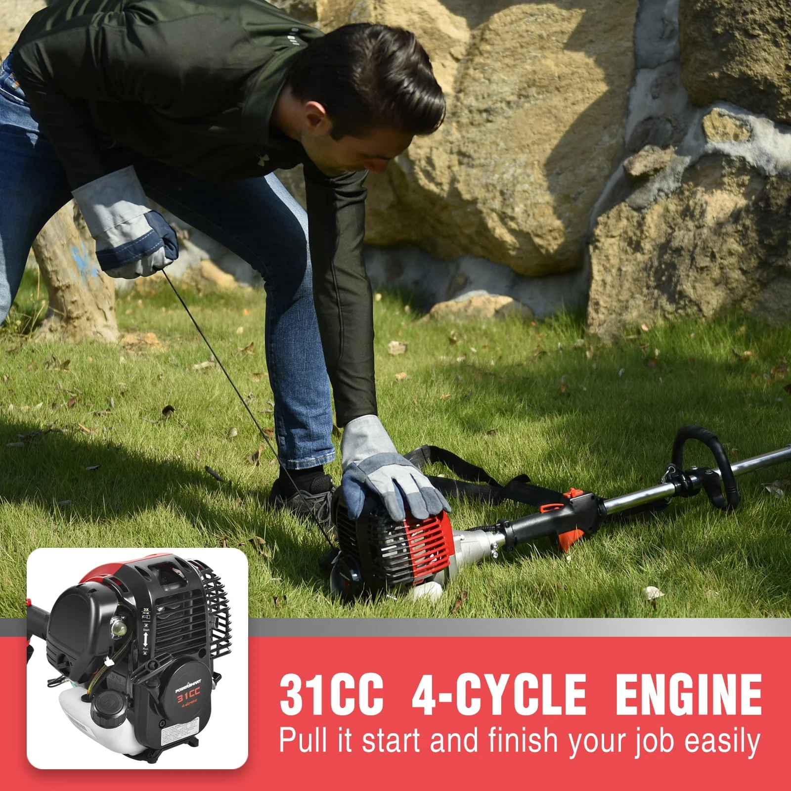 PowerSmart 4-Cycle 31cc 15lb Straight Shaft Gas String Trimmer Weed Wacker and Brush Cutter for Lawns and Grass