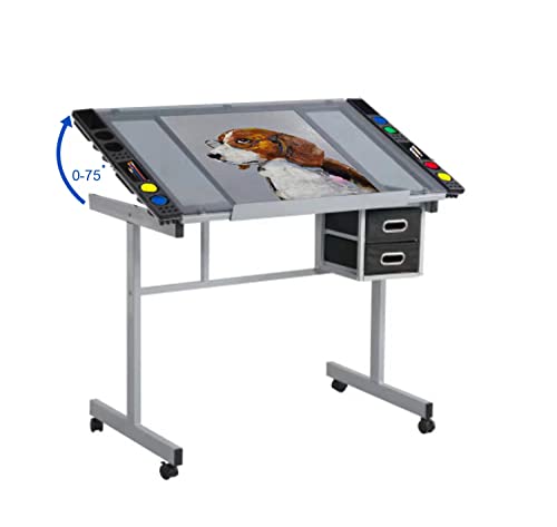 Glass Drafting Tables Drawing Desk - Adjustable Diamond Art Desk Versatile Art Craft Station Study Table for Artist Painters Painting in Home Office - Silver
