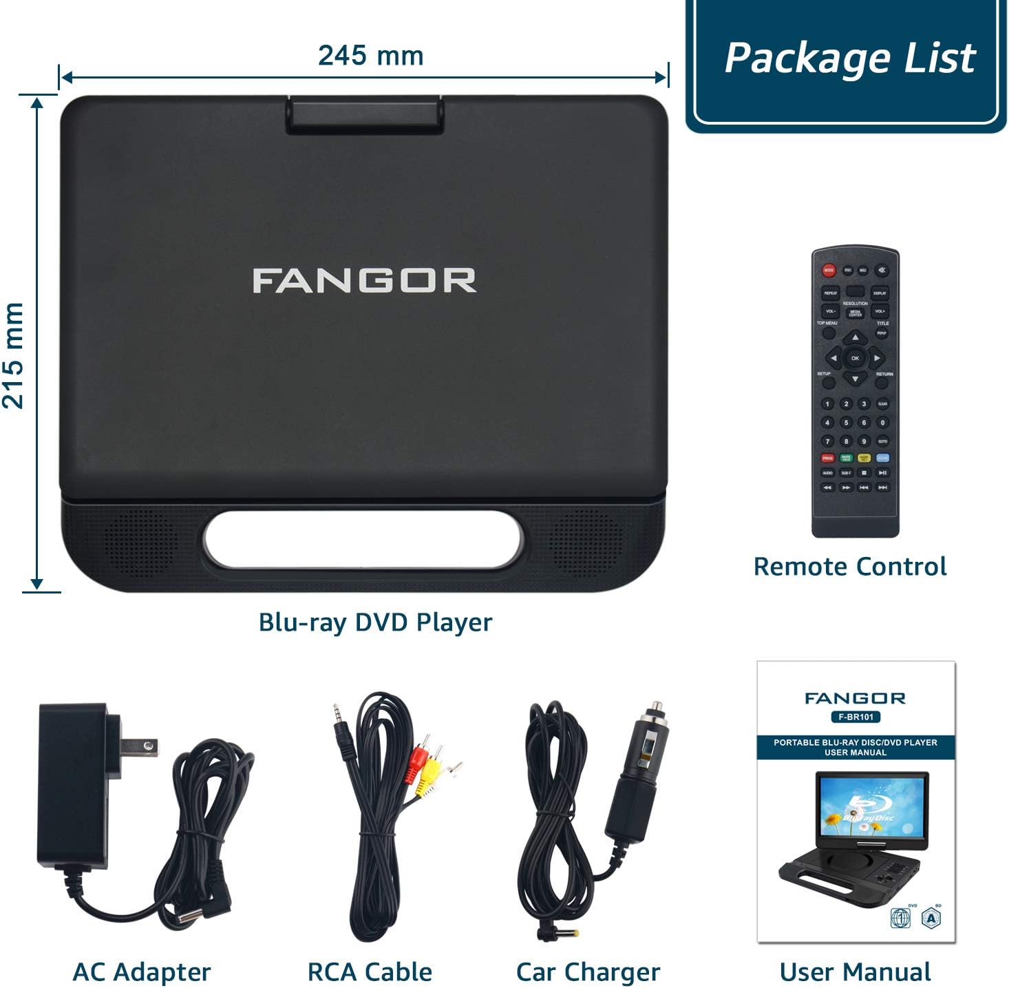 FANGOR 12.5 1080P Portable Blu-Ray Player with 10.5 HD Swivel Screen, HDMI Out & AV in, Multi Media Player, 5 Hours Rechargeable Battery, Supports USB/SD Card, Last Memory, Region Free