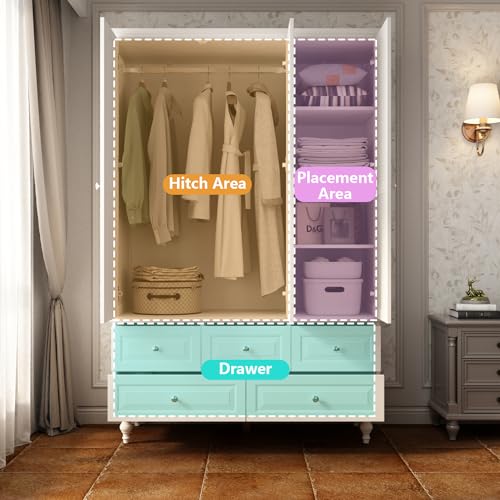 Hitow 3 Door Wardrobe Armoire Closet with Mirror, Retro Wardrobe Cabinet with 5 Drawers & Hanging Rod, Bedroom Armoire Dresser Wardrobe Clothes Organizer, A White (47.2" W x 20" D x 70.9" H)