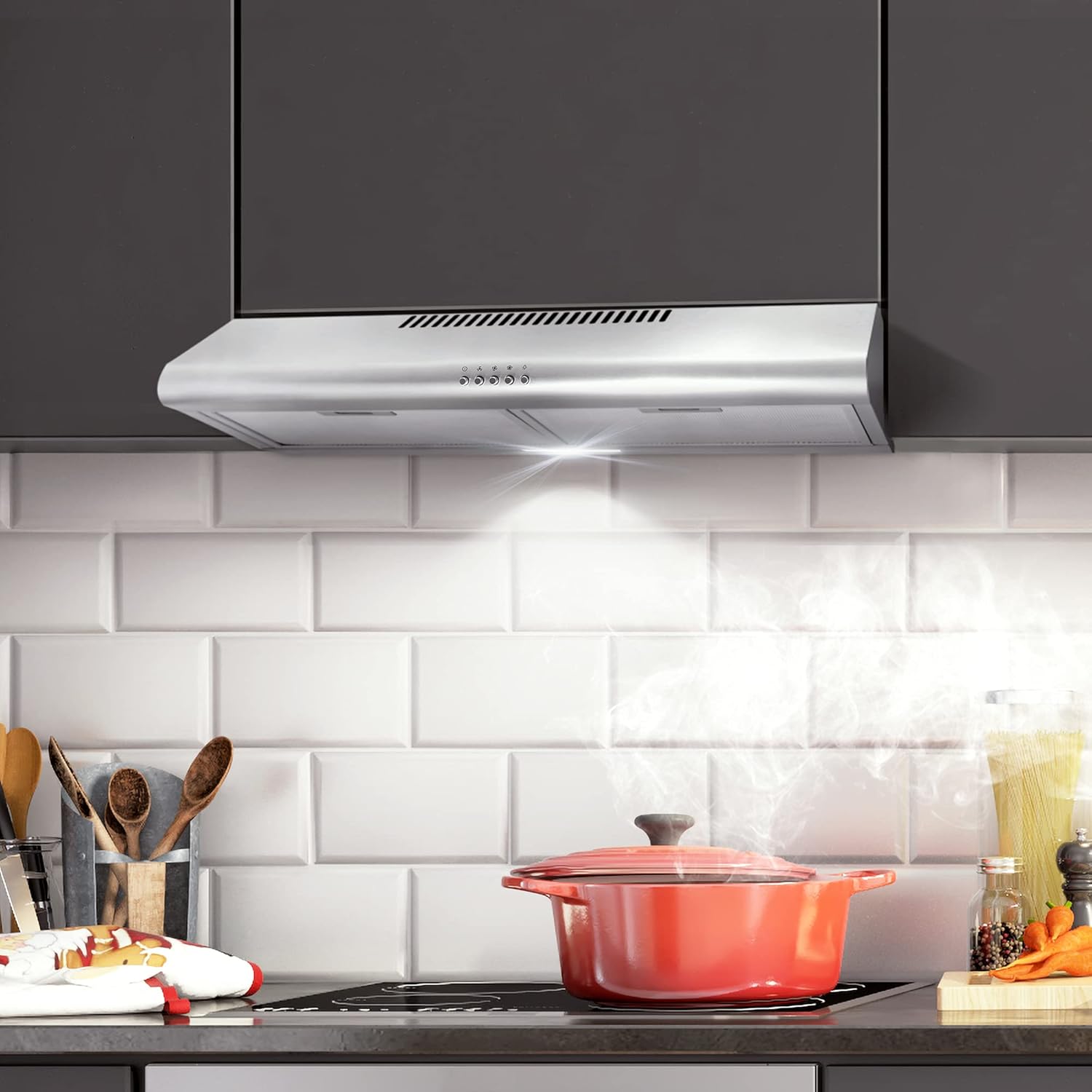 Cosmo COS-5MU36 36 in. Under Cabinet Range Hood Ductless Convertible Duct, Slim Kitchen Stove Vent with 3 Speed Exhaust Fan, Reusable Filter and LED Lights in Stainless Steel, 36 inch