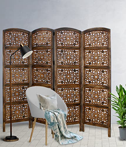Room Divider Wood Screen - Ghanti Bells Antique Brown - 4 Panel Folding 72 x 80 - Assembled Hand Carved Decorative Functional Versatile Portable Partition Reversible Privacy Boho - COTTON CRAFT