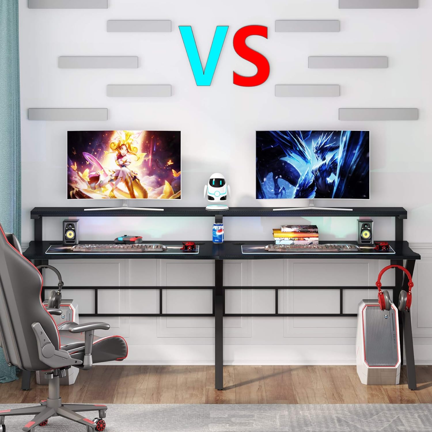 Tribesigns Two Person Gaming Desk with Hutch Monitor Shelf, 78 inches Double Computer Desk with Headphone Hooks, Extra Long K -Shaped Home Office PC Table Gamer Workstation,Textured Carbon Fiber,