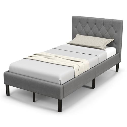 Giantex Twin Bed Frames for Kids, Modern Upholstered Platform Bed with Button Tufted Headboard, Wooden Slats Support Mattress Foundation, No Box Spring Needed, Kids Twin Bed for Girls Boys, Grey