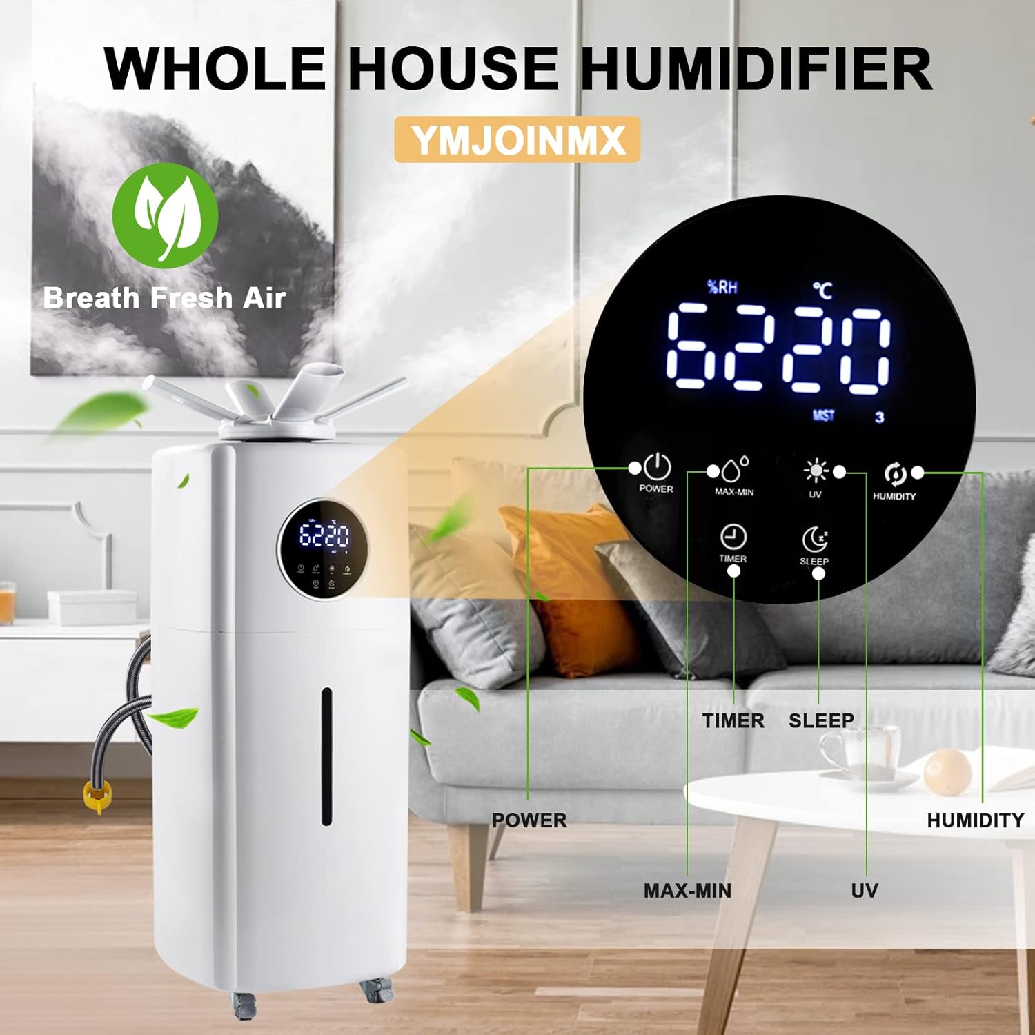 Commercial Industrial Humidifier Whole House Humidifier 6Gals Water Tank Max 2000ml/h Mist Output Faucet Filling Humidifier for Plant Large Greenhouse 110V