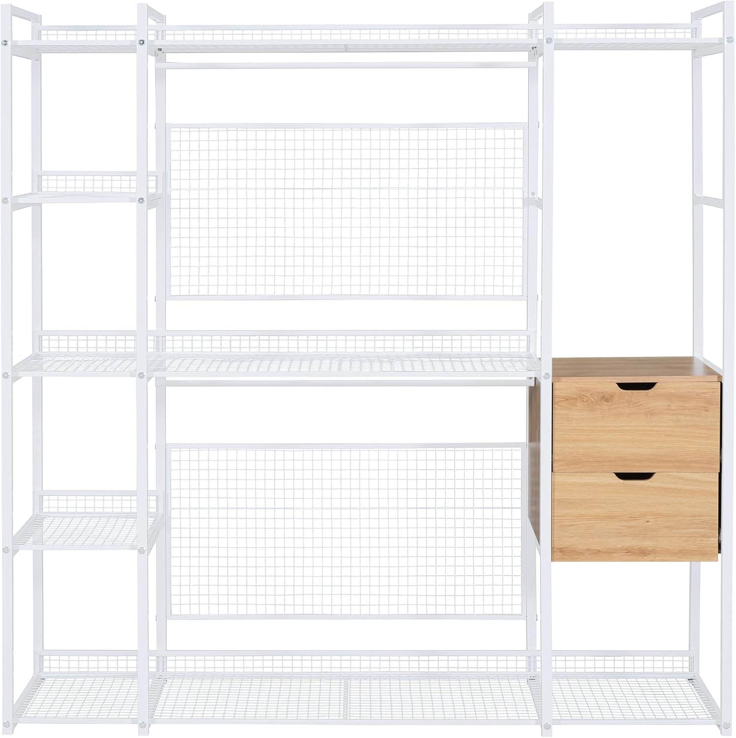 Open-Style Wardrobe with Hanging Rails, Shelves and 2 Drawers, Wardrobe Freestanding Closet Organizer, Industrial Wardrobe Clothes Rack, Metal Storage Wardrobe for Bedroom, Space-Saving