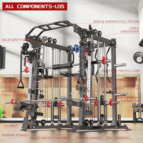 L05/07 Smith Machine，Multi-Function Squat Rack Power Cage with Cable Crossover System,with Weight Bench, Olympic Barbell Weight Set, for Home Gym