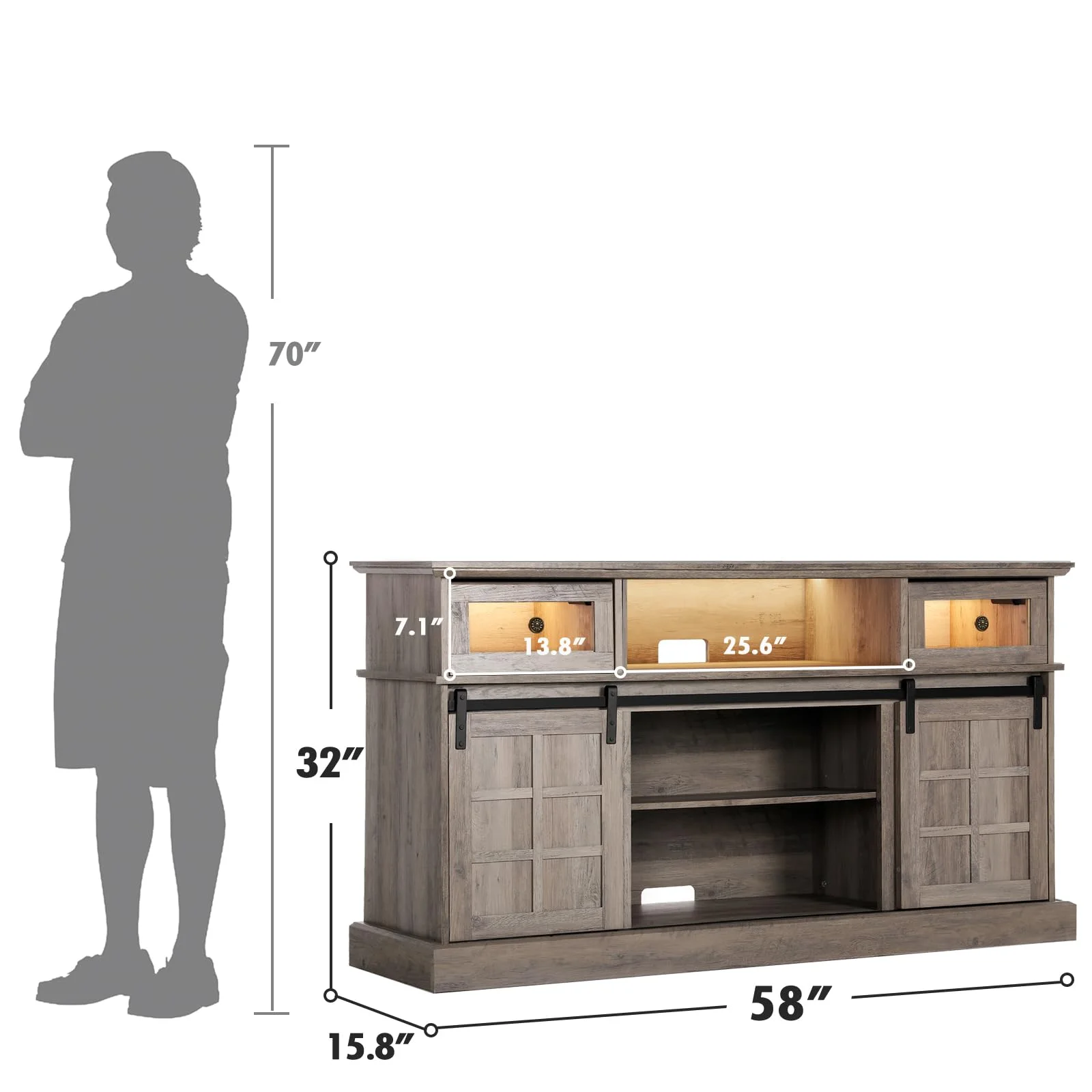 LGHM Fireplace TV Stand with 23" Electric Fireplace for TVs Up to 65", LED Light Entertainment Center with Storage Cabinet, for Living Room Bedroom, Gray