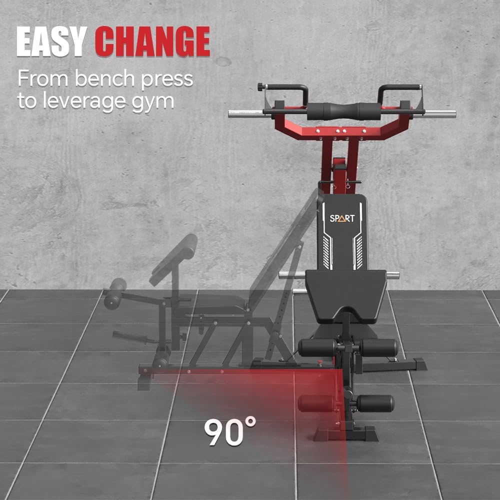 SPART Leverage Machine, Multifunctional Strength Training Station, Plate Loaded Lever Gym with Multi Bench Press for Chest, Shoulder, Back, Core, Leg, Full Body Workout Machine for Home Gym, Red