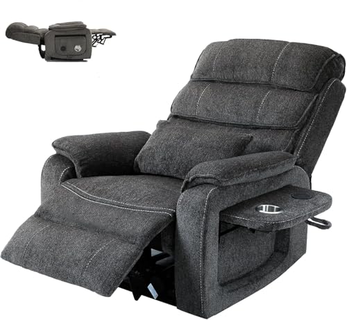Light Grey Recliner Chair for Elderly | Tall and Big Man 400lbs | Chenille | Power Lift, Lay Flat, Stand Up, Wireless Charging Device, Extended Footrest, Massage Heat, Cup Holder, Lumbar Pillow