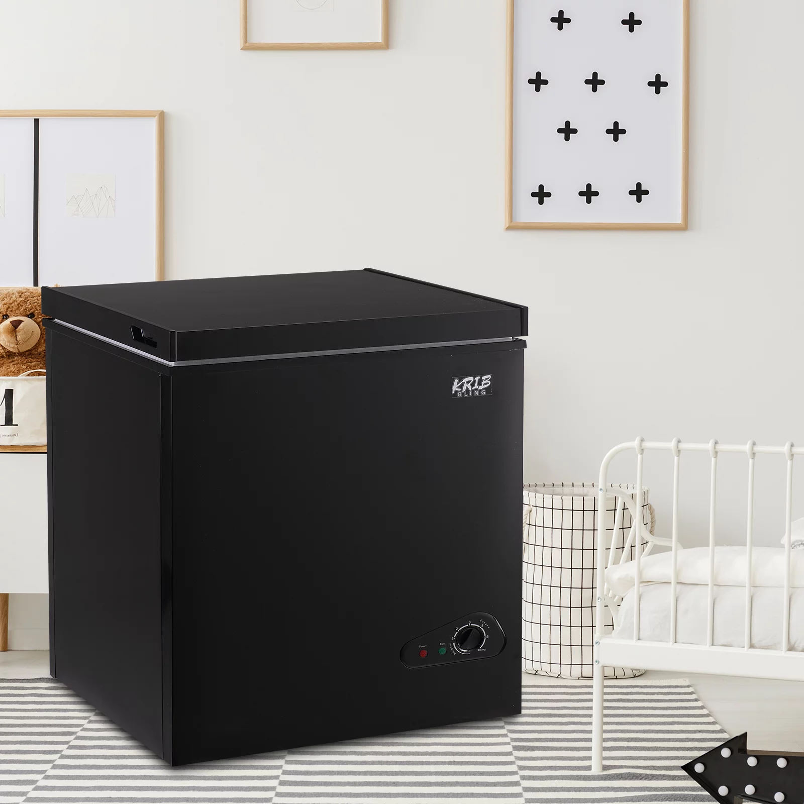 Krib Bling 5.0 Cu.ft Compact Chest Freezer with Removable Basket, Top Door Open Freestanding Deep Freezer with 7 Gears Temperature Adjustment, Ideal for Home, Kitchen & Basement, Black