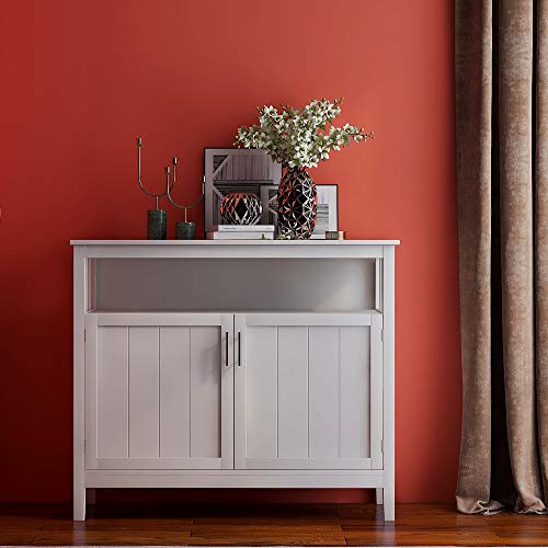 40 Inch Buffet Table with Shelves, Modern Storage Cabinet Side Table with 2 Doors and Metal Handles, Solid Wood Cupboard Table for Living Room Kitchen, Space Saving, White