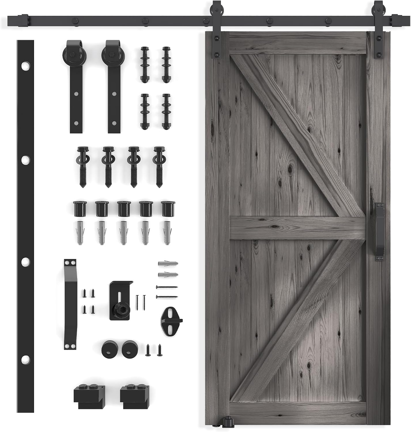 30In x 84In Sliding Barn Door with 5FT Barn Door Hardware Kit, Barn Doors and Hardware Included for Interior Rooms & Closets, A Simple Assembly is Required (K-Frame, Brown)