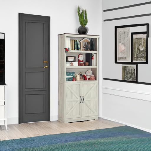 LINSY HOME Bookcases with Doors, Farmhouse Storage Cabinet 69 in Tall 5-Shelf Bookcase, Floor Standing Display Bookshelves with Adjustable Shelves for Living Room, Bedroom, Kitchen, Black