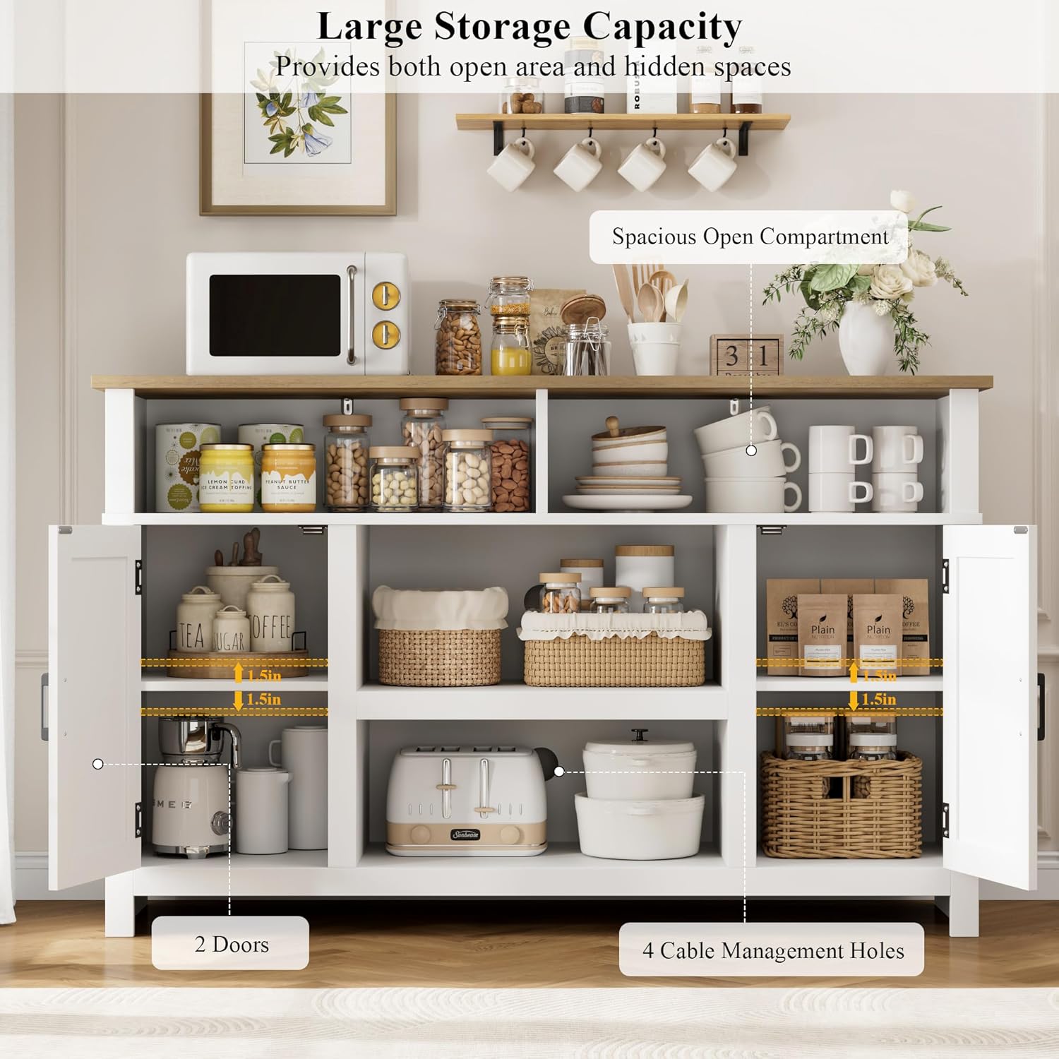 HOSTACK 55'' Modern Farmhouse Sideboard Buffet Cabinet with Storage, Large Barn Door Coffee Bar Station, Wood Kitchen Storage Cabinet with Shelves, Accent Cabinet Console Table for Living Room, White