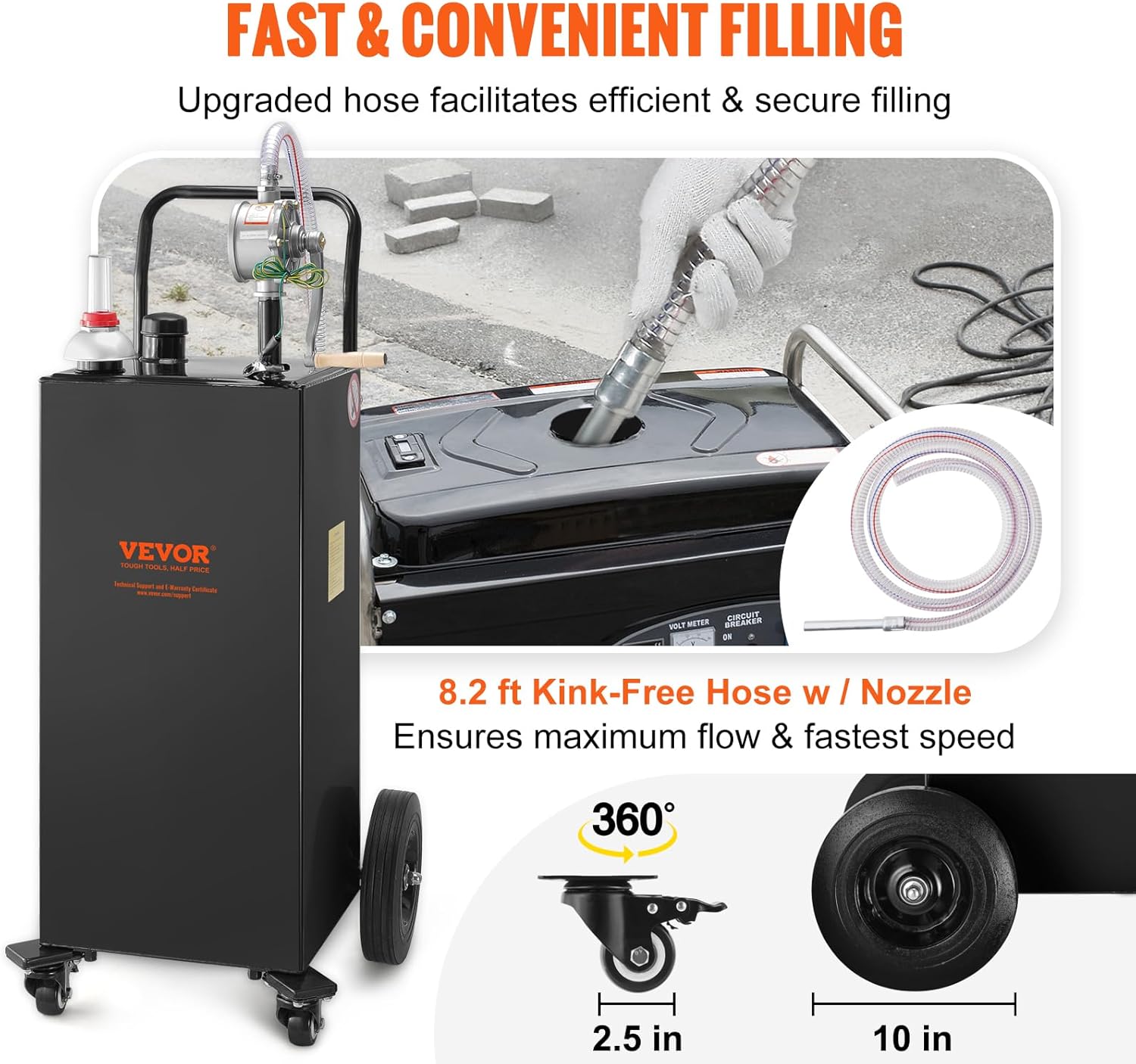 VEVOR Fuel Caddy, 35 Gallon, Gas Storage Tank on 4 Wheels, with Manual Transfer Pump, Gasoline Diesel Fuel Container for Cars, Lawn Mowers, ATVs, Boats, More, Black