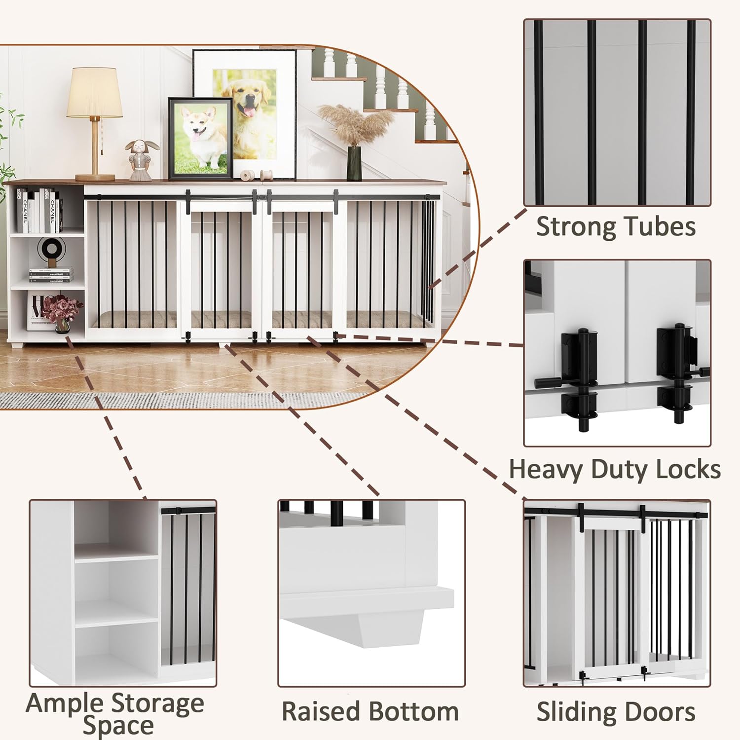 Large Dog Crate Furniture, 86.6" Wooden Dog Kennel for 2 Dogs with Shelves,Divider & Slidding Door, Indoor Heavy Duty Furniture Style Dog House w/Double Rooms for Large Medium Dogs, White