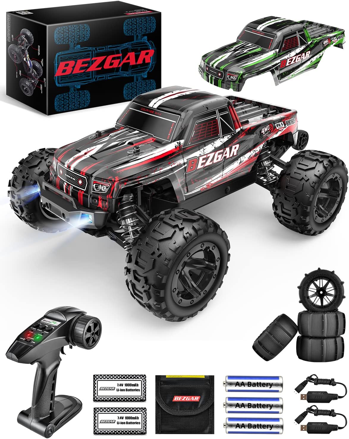 BEZGAR HM165 Hobby Grade 1:16 Scale Brushless Remote Control Truck - 4WD High Speed 52kmh All Terrains Off Road RC Monster Vehicle Car Crawler with 2 Rechargeable Batteries for Boys Kids and Adults