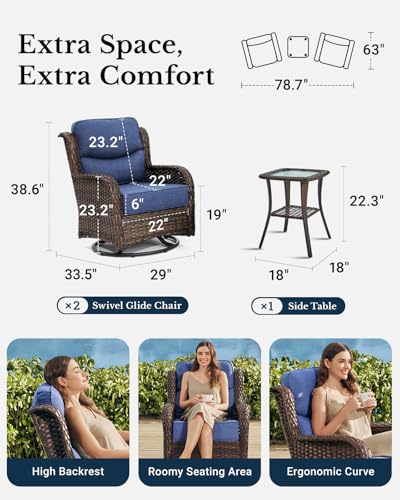 Luxury Patio Furniture Set with 6-inch Thick Cushion, Outdoor Couch and High Back Swivel Rocker Patio Chairs, 7PCS Wicker Conversation Set for Deck, Yard, and Poolside in Blue (V2)