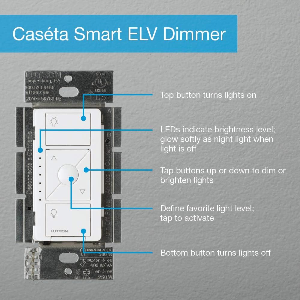 Lutron Caseta Wireless Smart Lighting ELV Dimmer Switch for Electronic Low Voltage Light Bulbs, PD-5NE-WH, White