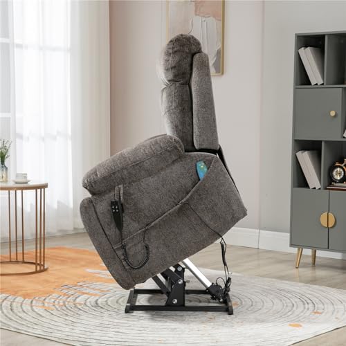 Light Grey Recliner Chair for Elderly | Tall and Big Man 400lbs | Chenille | Power Lift, Lay Flat, Stand Up, Wireless Charging Device, Extended Footrest, Massage Heat, Cup Holder, Lumbar Pillow