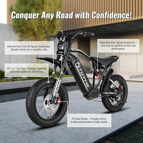 TUTTIO ICT Electric-Bike for Adults Age 16+, Peak 4000W-60V-25AH Electric-Dirt-Bike, 43-49MPH, 20" Fat-Tire-Electric-Motorcycle, Full Suspension E-Bike for Mountain Snow Off-Road School